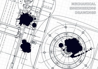 Cover. Vector engineering illustration. Blueprint, flyer, banner, background. Black Ink. Blots