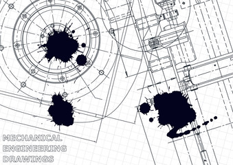 Cover. Vector engineering illustration. Black Ink. Blots. Instrument-making drawing