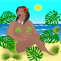 Woman in a swimsuit on vacation by the sea. Vector illustration.