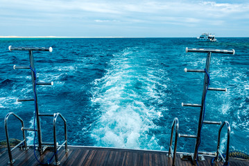 Obraz premium Beautiful view of the blue sea from the white ship. Horizontal frame
