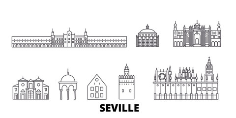 Spain, Seville flat travel skyline set. Spain, Seville black city vector panorama, illustration, travel sights, landmarks, streets. - obrazy, fototapety, plakaty