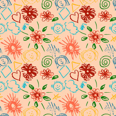 Cute stylish seamless pattern. Draw pictures, doodle. Beautiful and bright design. Interesting images for backgrounds, textiles, tapestries. Flowers, clouds, sun, faces