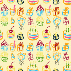Cute stylish seamless pattern. Draw pictures, doodle. Beautiful and bright design. Interesting images for backgrounds, textiles, tapestries. Cake, cakes, balls