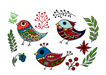 A set of elements for your creativity. Logos, prints for clothes, scrapbooking. Abstract illustration, hand drawing. Birds, branches, leaves, berries