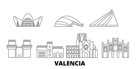 Spain, Valencia flat travel skyline set. Spain, Valencia black city vector panorama, illustration, travel sights, landmarks, streets.