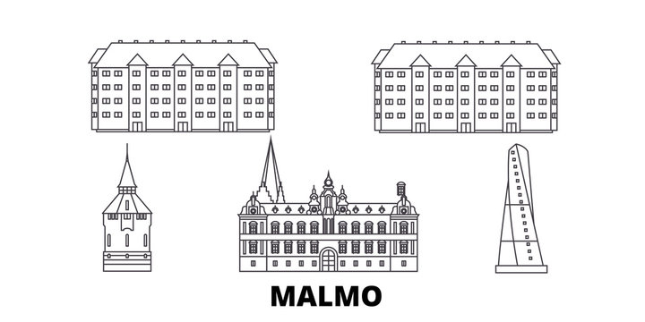 Sweden, Malmo flat travel skyline set. Sweden, Malmo black city vector panorama, illustration, travel sights, landmarks, streets.