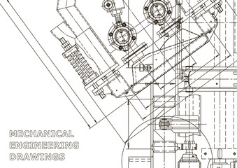 Mechanical engineering drawing. Machine-building industry. Instrument-making drawings. Computer aided design systems. Technical illustrations, backgrounds. Blueprint, diagram, plan, sketch