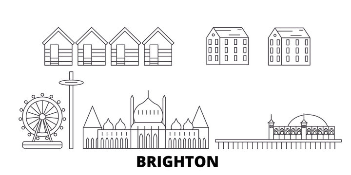 United Kingdom, Brighton flat travel skyline set. United Kingdom, Brighton black city vector panorama, illustration, travel sights, landmarks, streets.