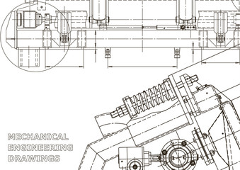 Machine-building industry. Computer aided design systems. Technical illustrations, backgrounds. Mechanical engineering drawing. Instrument-making drawings. Blueprint, diagram