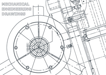 Cover, flyer, banner. Vector engineering illustration. Blueprint, background. Instrument-making drawings. Mechanical engineering drawing. Technical illustrations, backgrounds. Scheme, Outline