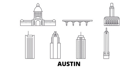 United States, Austin flat travel skyline set. United States, Austin black city vector panorama, illustration, travel sights, landmarks, streets.