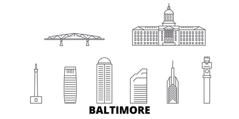 United States, Baltimore flat travel skyline set. United States, Baltimore black city vector panorama, illustration, travel sights, landmarks, streets. - obrazy, fototapety, plakaty