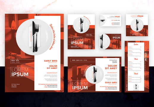 Restaurant Event Print Kit Layout with Orange and White Accents