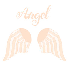 Angel wings icon with hand lettering word angel