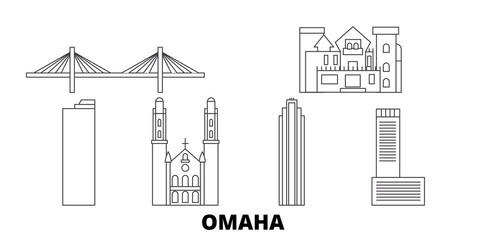 United States, Omaha flat travel skyline set. United States, Omaha black city vector panorama, illustration, travel sights, landmarks, streets. - obrazy, fototapety, plakaty