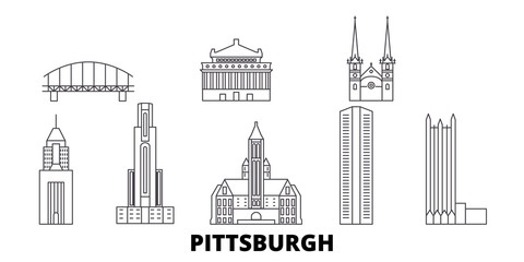 United States, Pittsburgh flat travel skyline set. United States, Pittsburgh black city vector panorama, illustration, travel sights, landmarks, streets. - obrazy, fototapety, plakaty