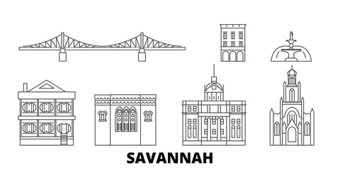 United States, Savannah flat travel skyline set. United States, Savannah black city vector panorama, illustration, travel sights, landmarks, streets. - obrazy, fototapety, plakaty