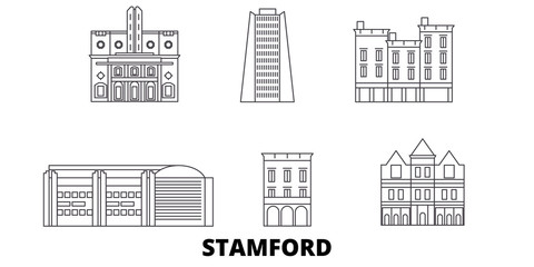 United States, Stamford flat travel skyline set. United States, Stamford black city vector panorama, illustration, travel sights, landmarks, streets.