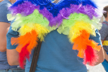 Close up on rainbow wings on the man back. People at Prague Gay Pride parade.