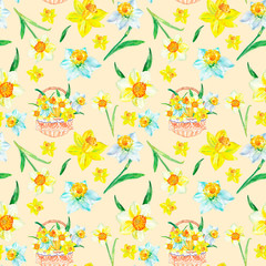 Watercolor spring yellow narcissus seamless pattern. Hand painted daffodils flowers background. Botanical floral colorful illustration for greeting cards design, easter, textile, wallpapers.