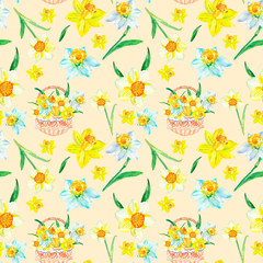 Obraz premium Watercolor spring yellow narcissus seamless pattern. Hand painted daffodils flowers background. Botanical floral colorful illustration for greeting cards design, easter, textile, wallpapers.