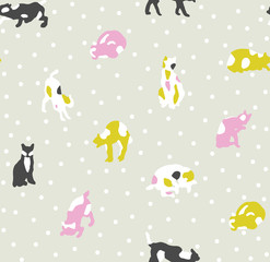 Naklejka na ściany i meble Cats with dots in different positions. Seamless pattern ready to use, with grey background. Hand drawn background kittens for fashion, textile, wrapping paper and wallpaper