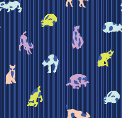 Cats with thin stripes in different positions. Seamless pattern ready to use, with blue background. Hand drawn background kittens for fashion, textile, wrapping paper and wallpaper