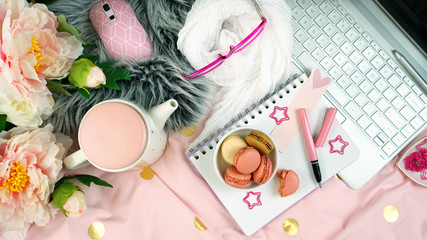 Flat lay working or studing from the cozy comfort of bed.