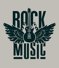 Vector banner with words Rock music, with electric guitar and wings on fire. Can be used for flyers, posters, t-shirt design, tattoo