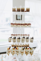 Sweet desserts on a festive buffet. Desserts for the holiday. Sweets at the restaurant.