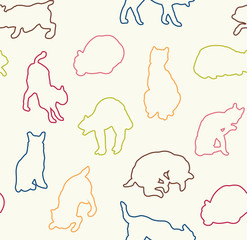 Simple silhouette linear cats in different positions. Seamless pattern ready to use, with white background. Hand drawn background kittens for fashion, textile, wrapping paper and wallpaper