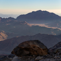 Egypt. Mount Sinai in the morning at sunrise. (Mount Horeb, Gabal Musa, Moses Mount). Pilgrimage place and famous touristic destination.