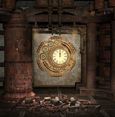 Steampunk golden clock empty room - 3D illustration