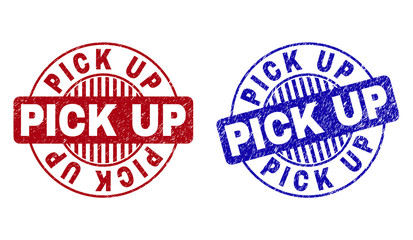 Grunge PICK UP round stamp seals isolated on a white background. Round seals with grunge texture in red and blue colors. Vector rubber overlay of PICK UP caption inside circle form with stripes.