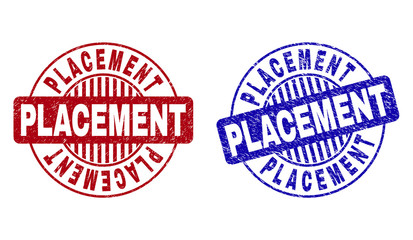 Grunge PLACEMENT round stamp seals isolated on a white background. Round seals with grunge texture in red and blue colors. Vector rubber imitation of PLACEMENT caption inside circle form with stripes.