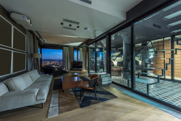 Interior of a living room in a luxury penthouse apartment