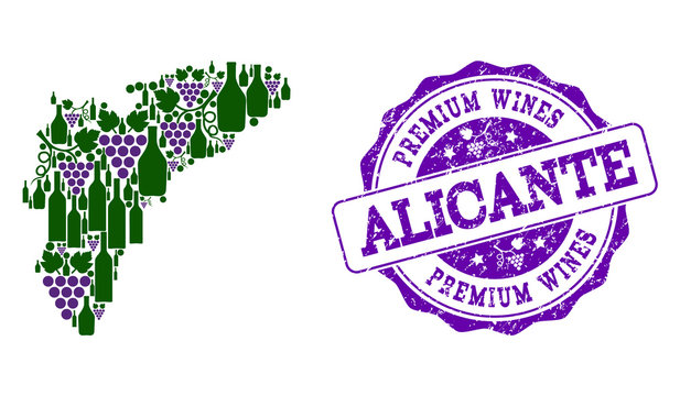 Collage Of Grape Wine Map Of Alicante Province And Premium Wines Stamp