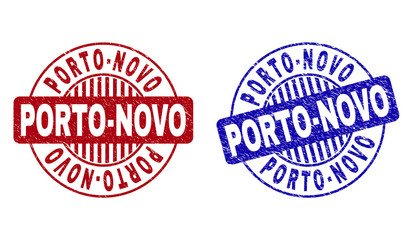 Grunge PORTO-NOVO round stamp seals isolated on a white background. Round seals with grunge texture in red and blue colors. Vector rubber watermark of PORTO-NOVO text inside circle form with stripes.