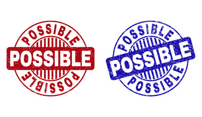 Grunge POSSIBLE round stamp seals isolated on a white background. Round seals with grunge texture in red and blue colors. Vector rubber imitation of POSSIBLE title inside circle form with stripes.