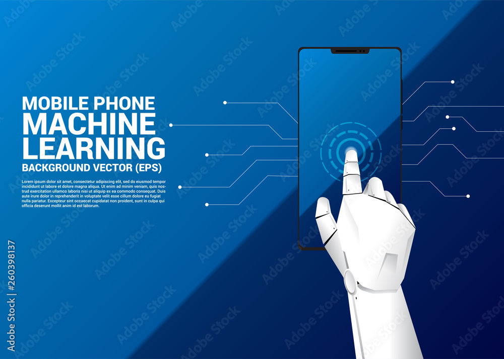 Poster Robot hand touch on screen of mobile phone. Business concept for machine learning phone , a.i artificial intelligence and disruption.