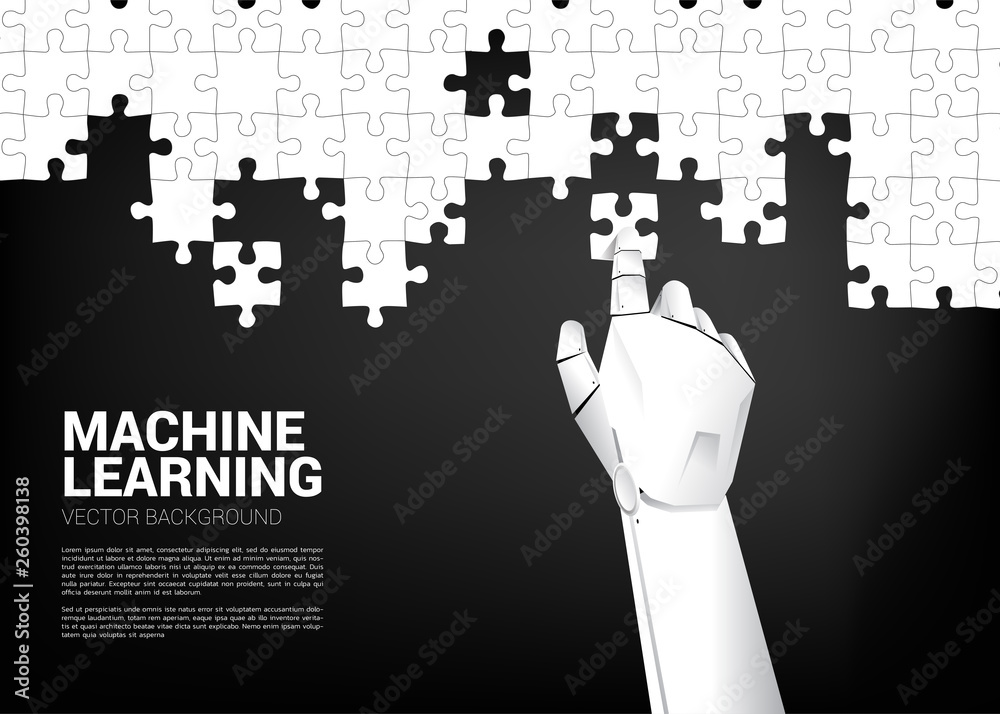 Poster Robot hand put the jigsaw. Business concept for machine learning and a.i artificial intelligence