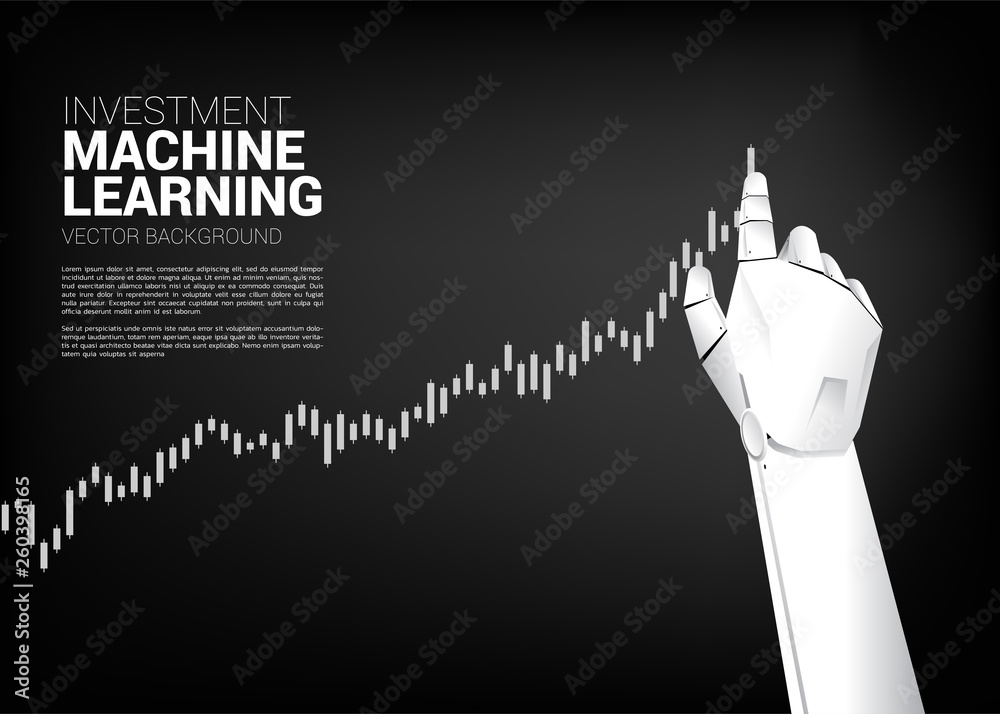 Poster Robot hand move pull business graph higher. Business concept for machine learning , a.i artificial intelligence and disruption.