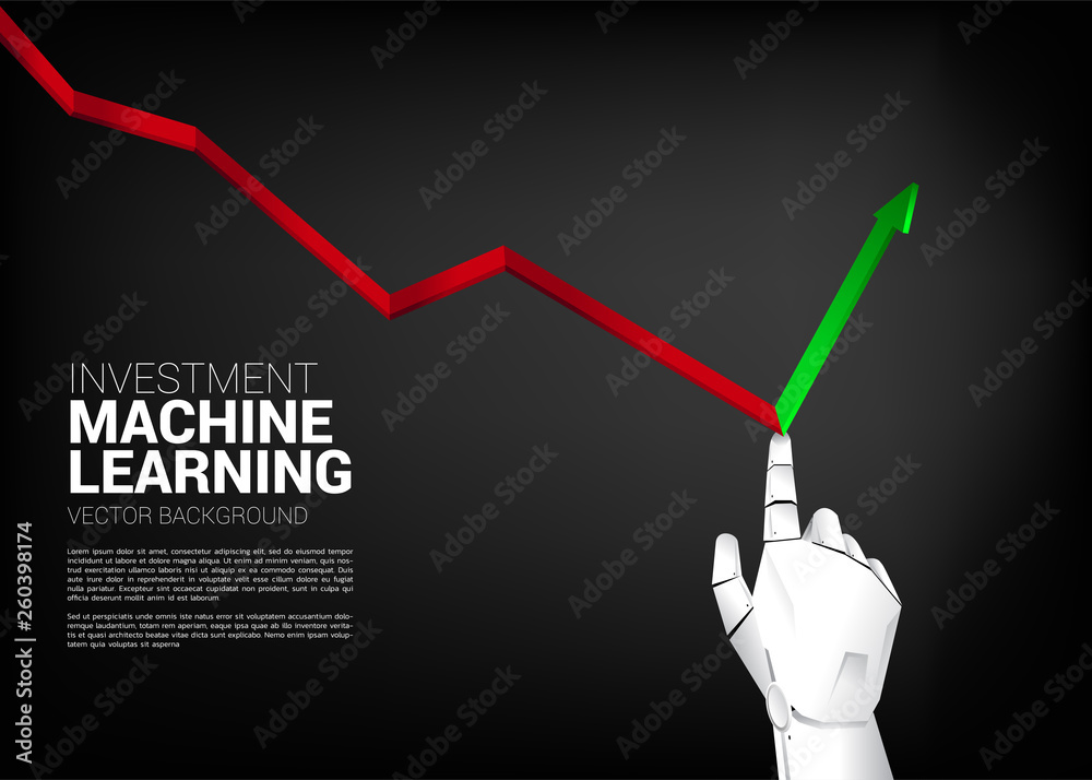 Poster Robot hand push down graph for turn around to growth graph . Business concept for machine learning , a.i artificial intelligence and disruption.