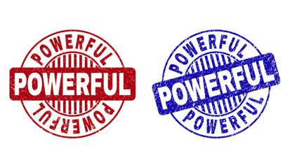 Grunge POWERFUL round stamp seals isolated on a white background. Round seals with grunge texture in red and blue colors. Vector rubber imprint of POWERFUL tag inside circle form with stripes.