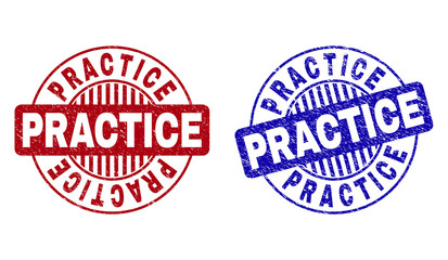 Grunge PRACTICE round stamp seals isolated on a white background. Round seals with grunge texture in red and blue colors. Vector rubber imprint of PRACTICE title inside circle form with stripes.
