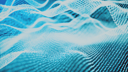 Fototapeta na wymiar Digital particles floating wave form in the abyss abstract cyber technology de-focus background.