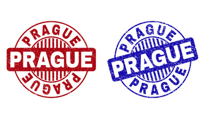 Grunge PRAGUE round stamp seals isolated on a white background. Round seals with grunge texture in red and blue colors. Vector rubber overlay of PRAGUE label inside circle form with stripes.