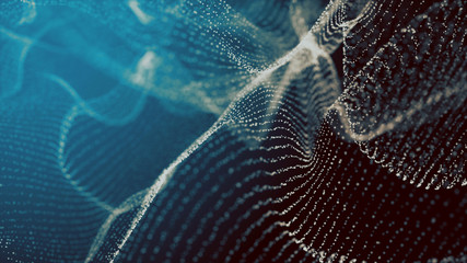 Digital particles floating wave form in the abyss abstract cyber technology de-focus background.