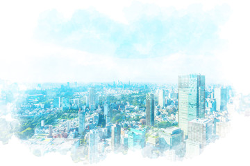 東京の都市風景 Tokyo city skyline , Japan. Illustration of watercolor painting style.