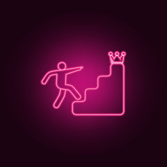 man on the stairs behind the crown icon. Elements of Sucsess and awards in neon style icons. Simple icon for websites, web design, mobile app, info graphics